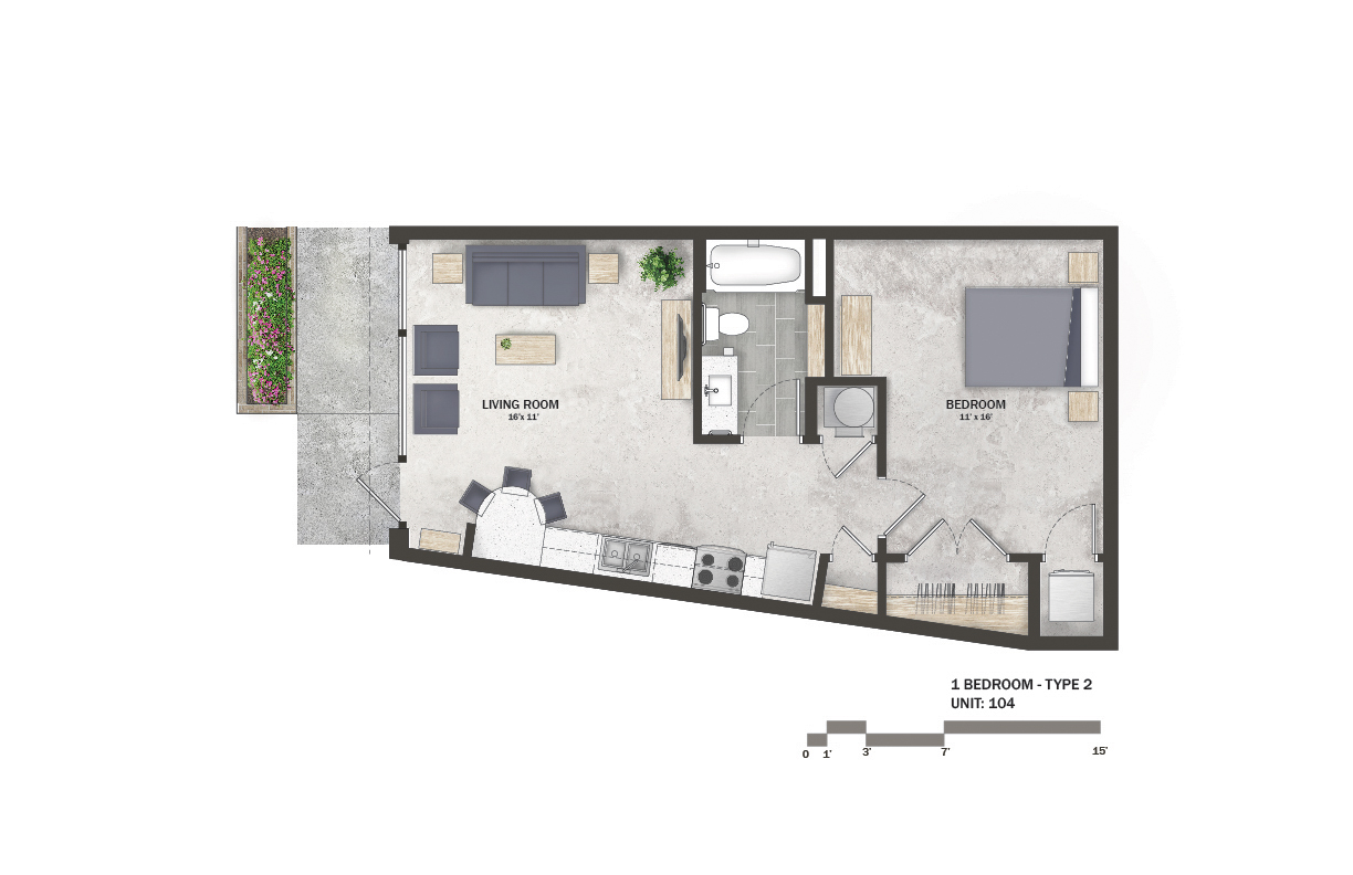 Rendered Floor Plans – 1 Bedroom Type 2